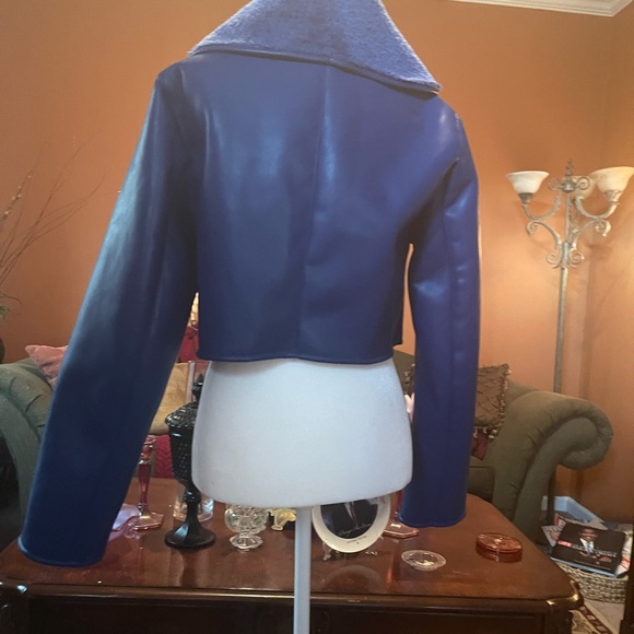 Blue Cropped Faux Leather/ Sherpa Leather Jacker - Picture 9 of 13